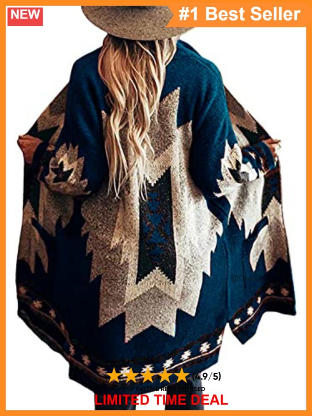 Vintage Tribal Knitted Open Front Cardigan Sweater Coat with Pockets